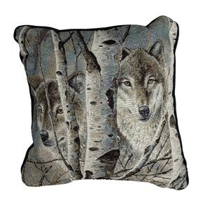 Wolf Forest Birch Tree Tapestry Throw Pillow 14x14‎ Square Accent